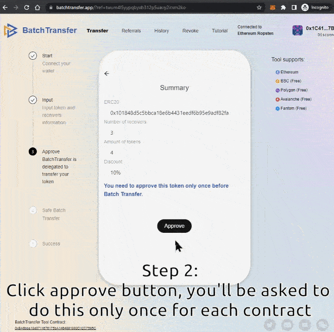 Approve BatchTransfer to transfer your token, only once for each token type.